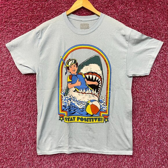 Steven Rhodes Stay Positive Shark Attack Cartoon T-Shirt L - Picture 1 of 4